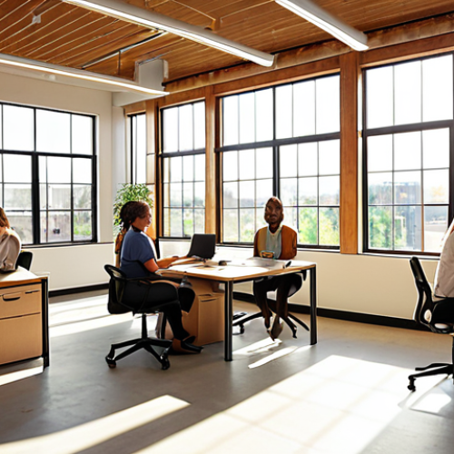 Home 19 A diverse group of employees happily working in a modern, eco-friendly office space, sunlight streaming through large windows, showcasing B-Corp certification and commitment to social responsibility.