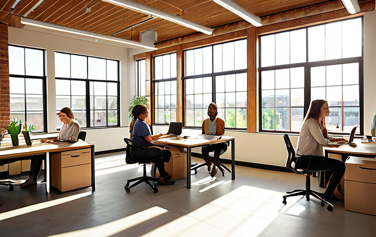 A diverse group of employees happily working in a modern, eco-friendly office space, sunlight streaming through large windows, showcasing B-Corp certification and commitment to social responsibility.