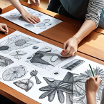 A diverse group of people collaborating on product design, with sketches and eco-friendly materials scattered on a table. The scene should convey a sense of community and shared creation, emphasizing sustainability and ethical practices.