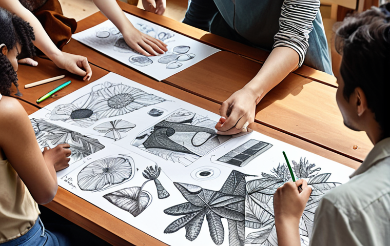 A diverse group of people collaborating on product design, with sketches and eco-friendly materials scattered on a table. The scene should convey a sense of community and shared creation, emphasizing sustainability and ethical practices.