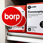 **A B-Corp certified product on a shelf, with a consumer noticing the B-Corp logo and a thought bubble showing trust and positive perception.**