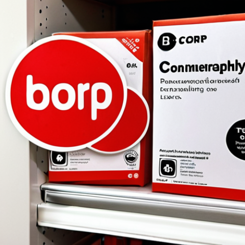 Home 17 **A B-Corp certified product on a shelf, with a consumer noticing the B-Corp logo and a thought bubble showing trust and positive perception.**