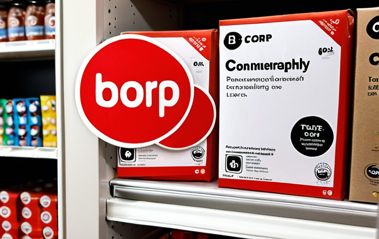 **A B-Corp certified product on a shelf, with a consumer noticing the B-Corp logo and a thought bubble showing trust and positive perception.**
